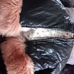 Little girl black pleather jacket with fur around the sleeves and waist  (used)
